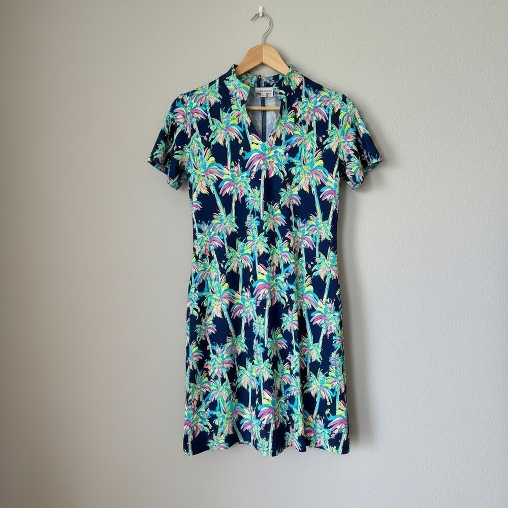 Lulu B Women Size Small Black Neon Palm Trees Short Sleeve A-Line Resort Dress